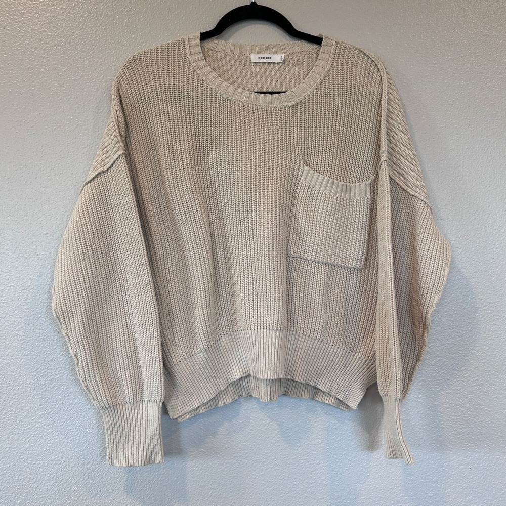 Mod Ref  Beige Oatmeal Oversized Chunky Knit Pocket Sweater Women's Medium